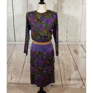Vintage Act I New York Dress 7/8 Floral Print Blouson Suede Waist Tiered Modest